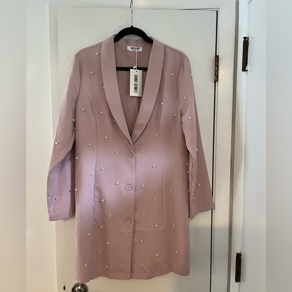 Pearl-Embellished Blush Pink Blazer Dress NWT